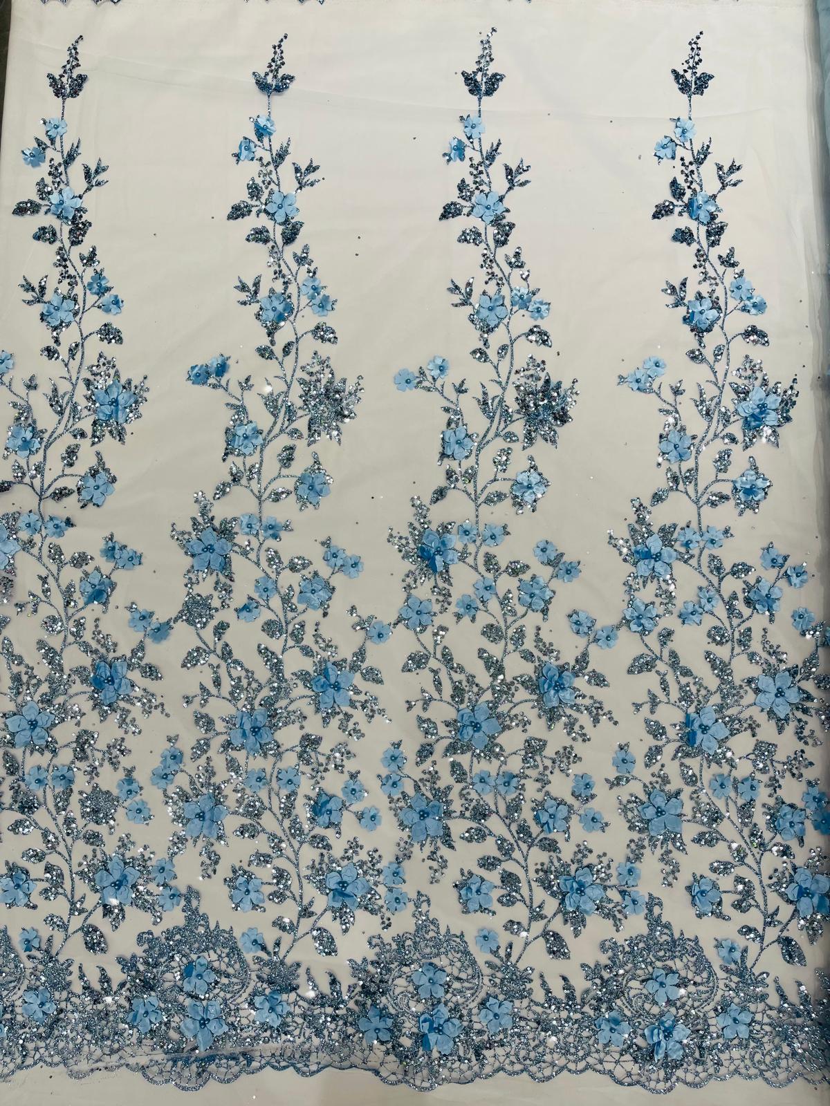 Princess Glitter 3D Floral Design Lace Polyester Fabric - Double Scallop, Mesh Lace, 54" Width (1 Yard)