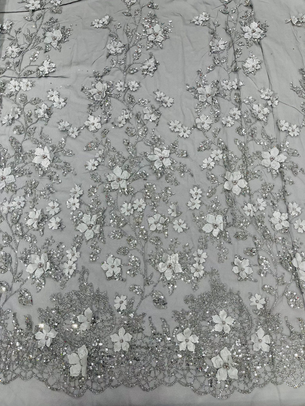 Princess Glitter 3D Floral Design Lace Polyester Fabric - Double Scallop, Mesh Lace, 54" Width (1 Yard)