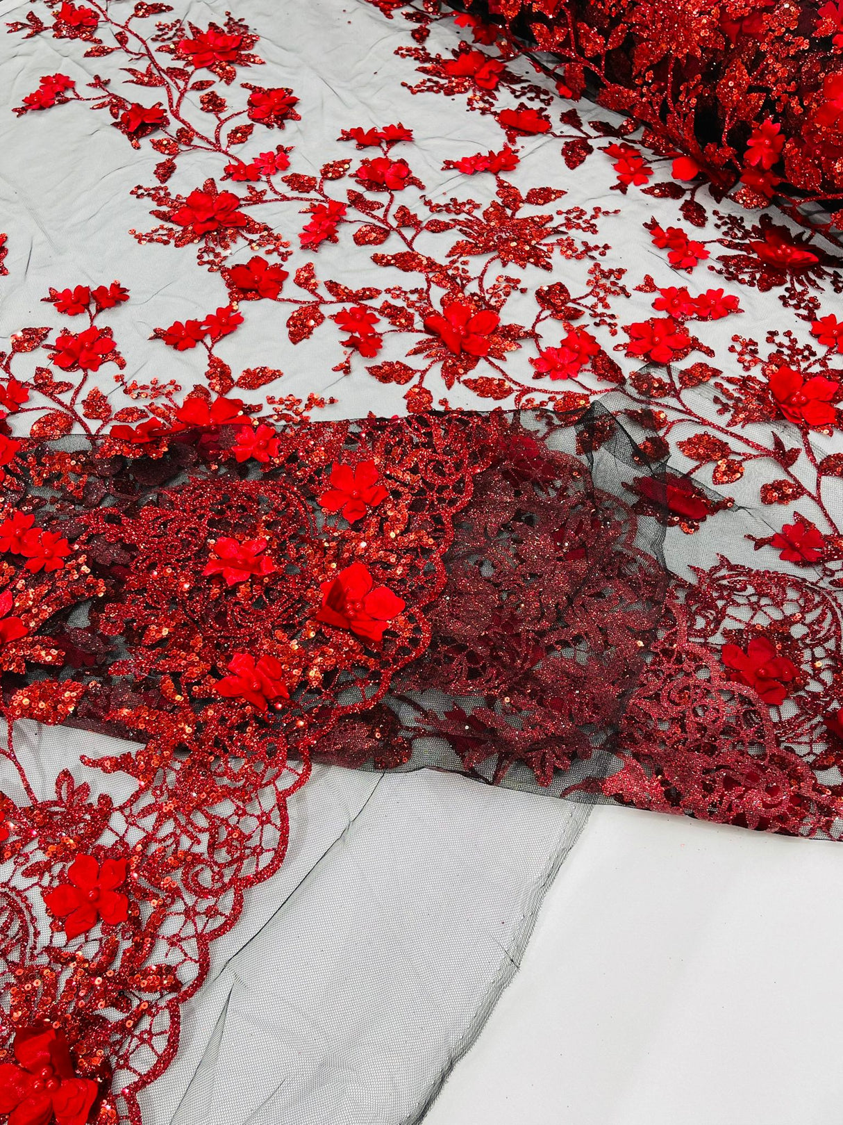 Princess Glitter 3D Floral Design Lace Polyester Fabric - Double Scallop, Mesh Lace, 54" Width (1 Yard)
