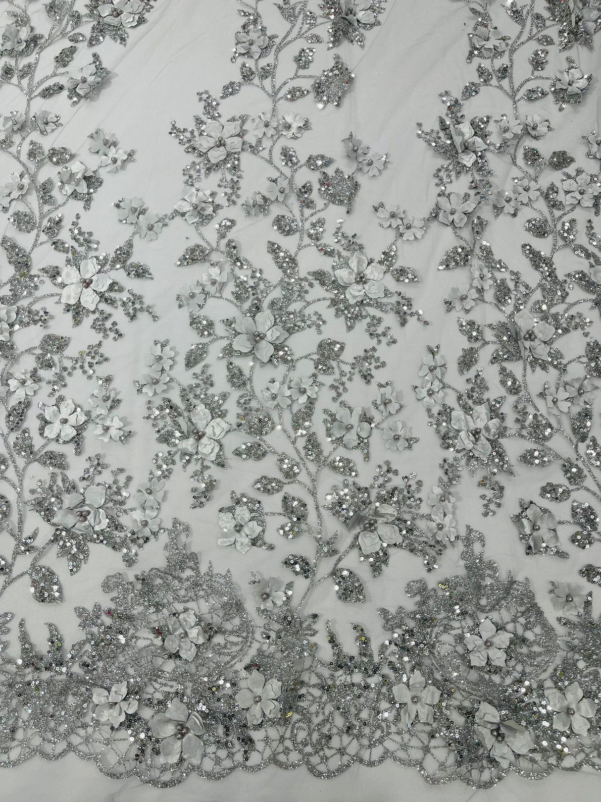 Princess Glitter 3D Floral Design Lace Polyester Fabric - Double Scallop, Mesh Lace, 54" Width (1 Yard)