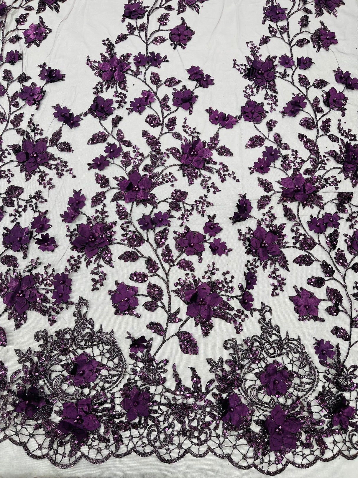 Princess Glitter 3D Floral Design Lace Polyester Fabric - Double Scallop, Mesh Lace, 54" Width (1 Yard)