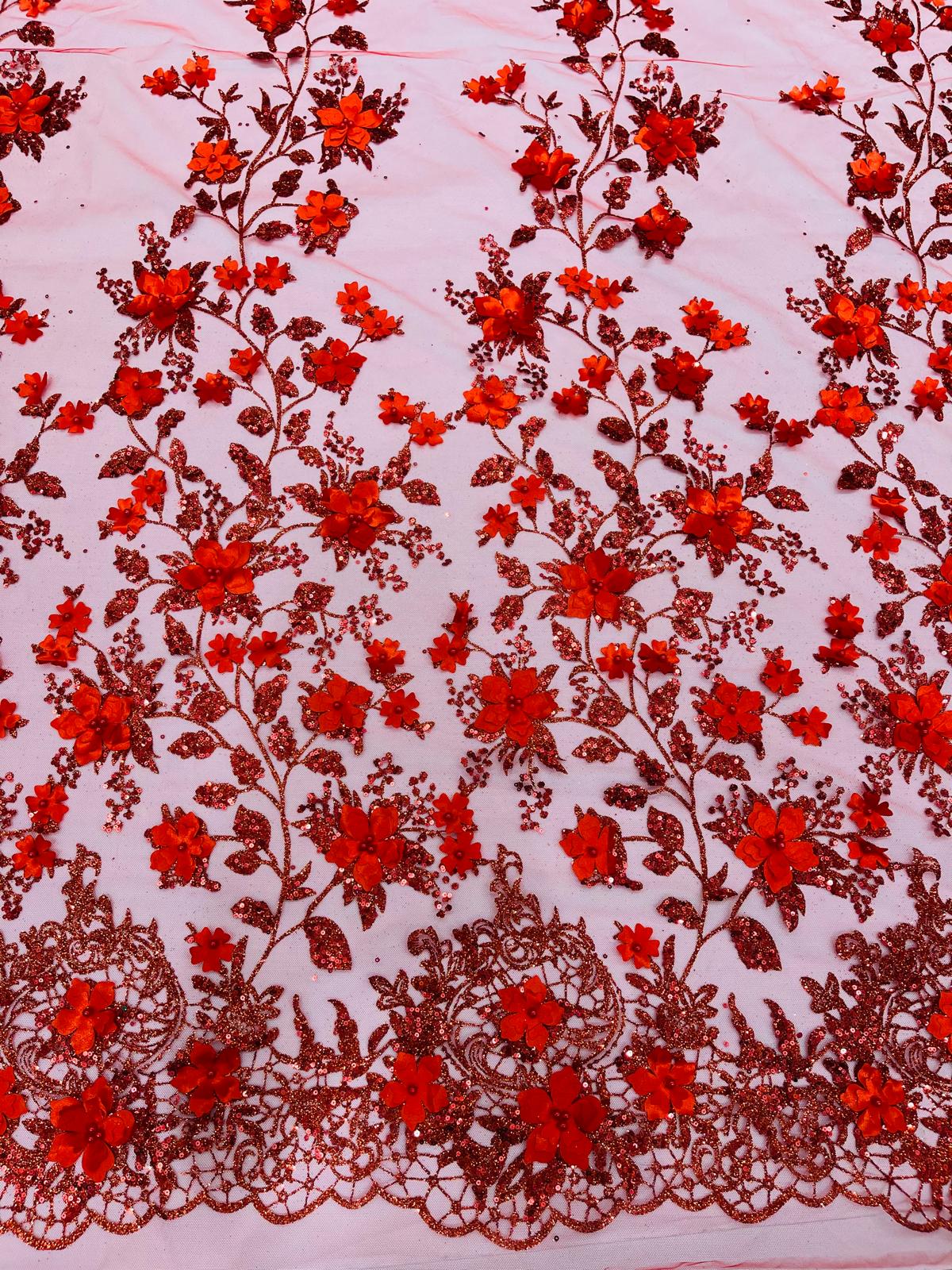 Princess Glitter 3D Floral Design Lace Polyester Fabric - Double Scallop, Mesh Lace, 54" Width (1 Yard)