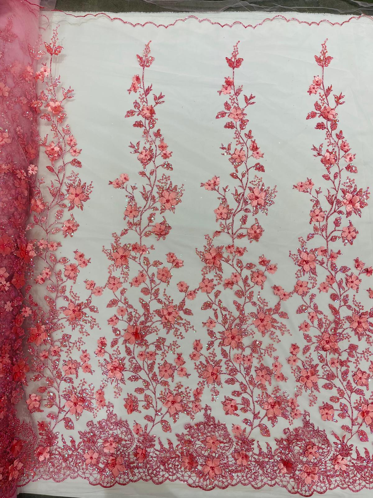 Princess Glitter 3D Floral Design Lace Polyester Fabric - Double Scallop, Mesh Lace, 54" Width (1 Yard)