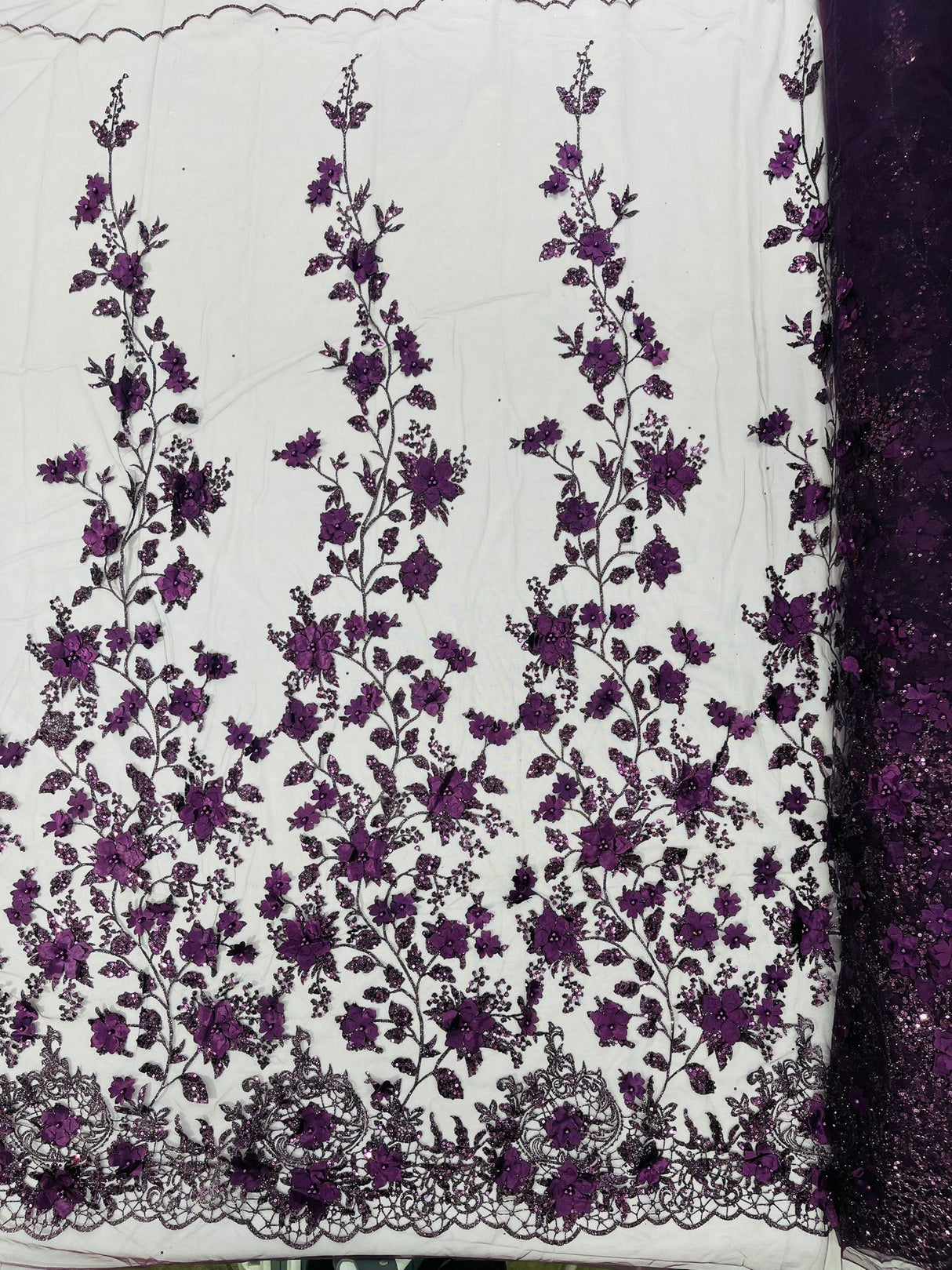 Princess Glitter 3D Floral Design Lace Polyester Fabric - Double Scallop, Mesh Lace, 54" Width (1 Yard)
