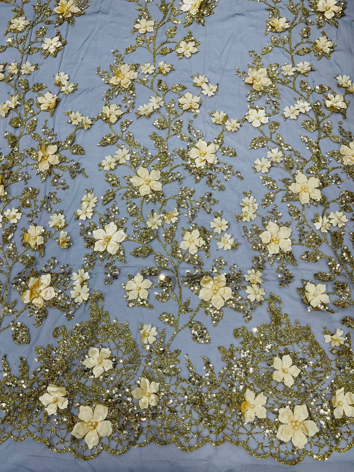 Princess Glitter 3D Floral Design Lace Polyester Fabric - Double Scallop, Mesh Lace, 54" Width (1 Yard)