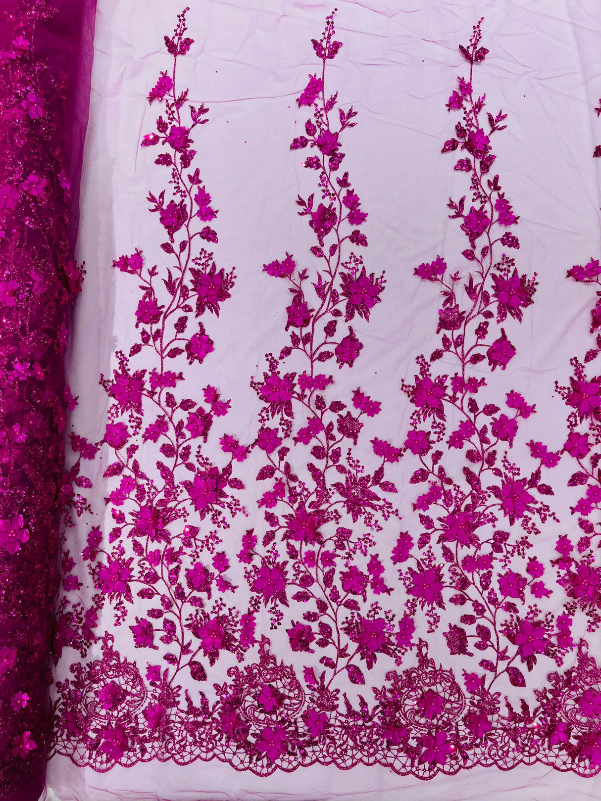 Princess Glitter 3D Floral Design Lace Polyester Fabric - Double Scallop, Mesh Lace, 54" Width (1 Yard)