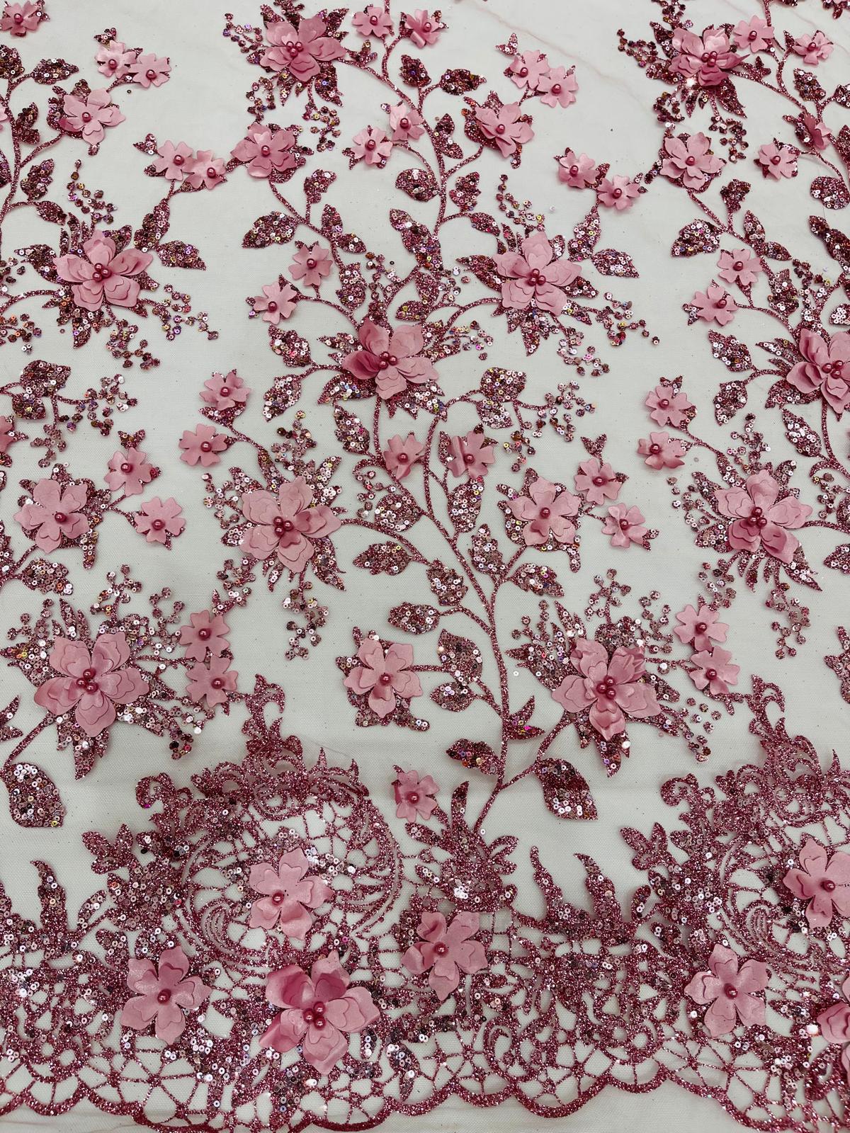 Princess Glitter 3D Floral Design Lace Polyester Fabric - Double Scallop, Mesh Lace, 54" Width (1 Yard)