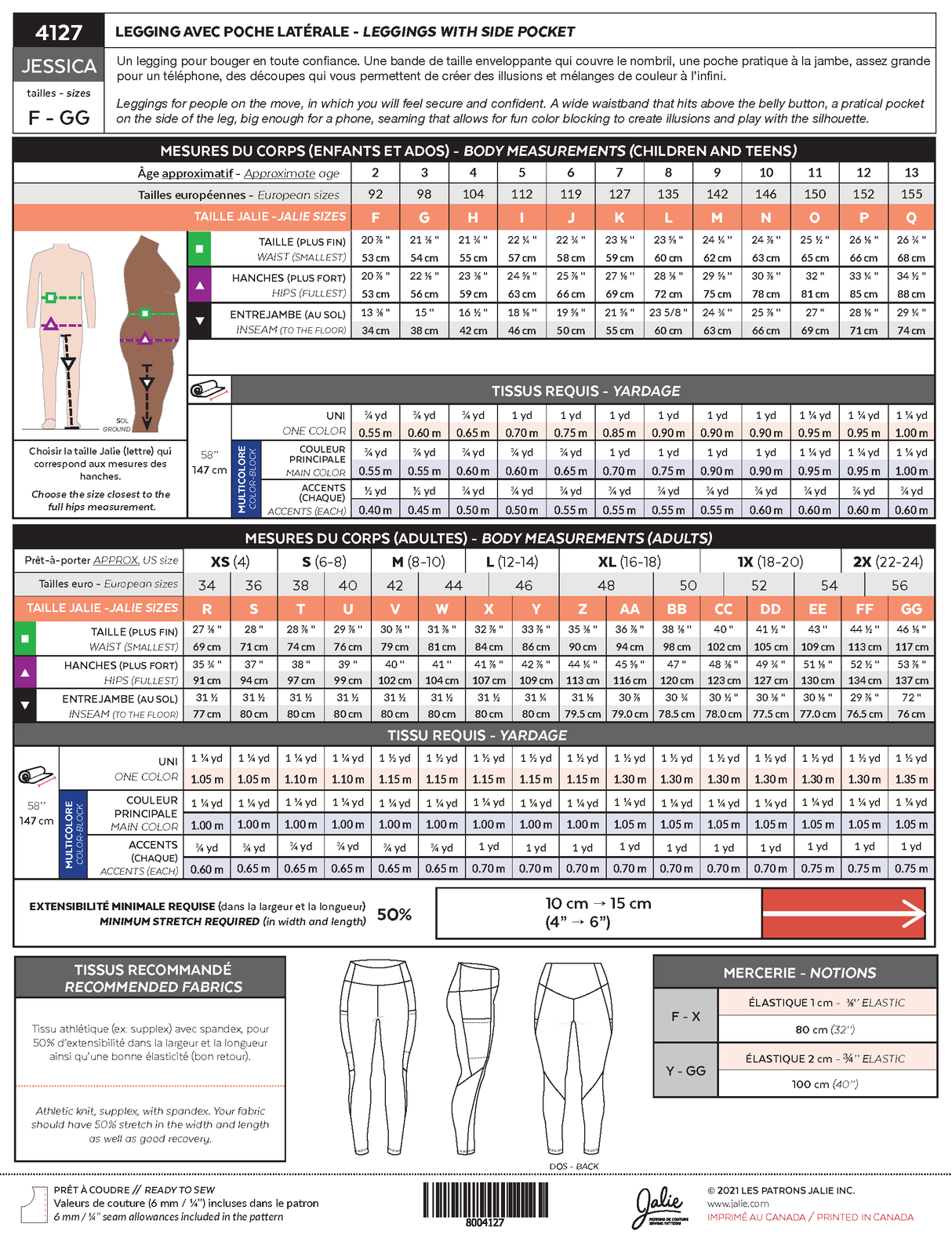 Sewing Pattern Jessica Leggings with Side Pocket by Jalie