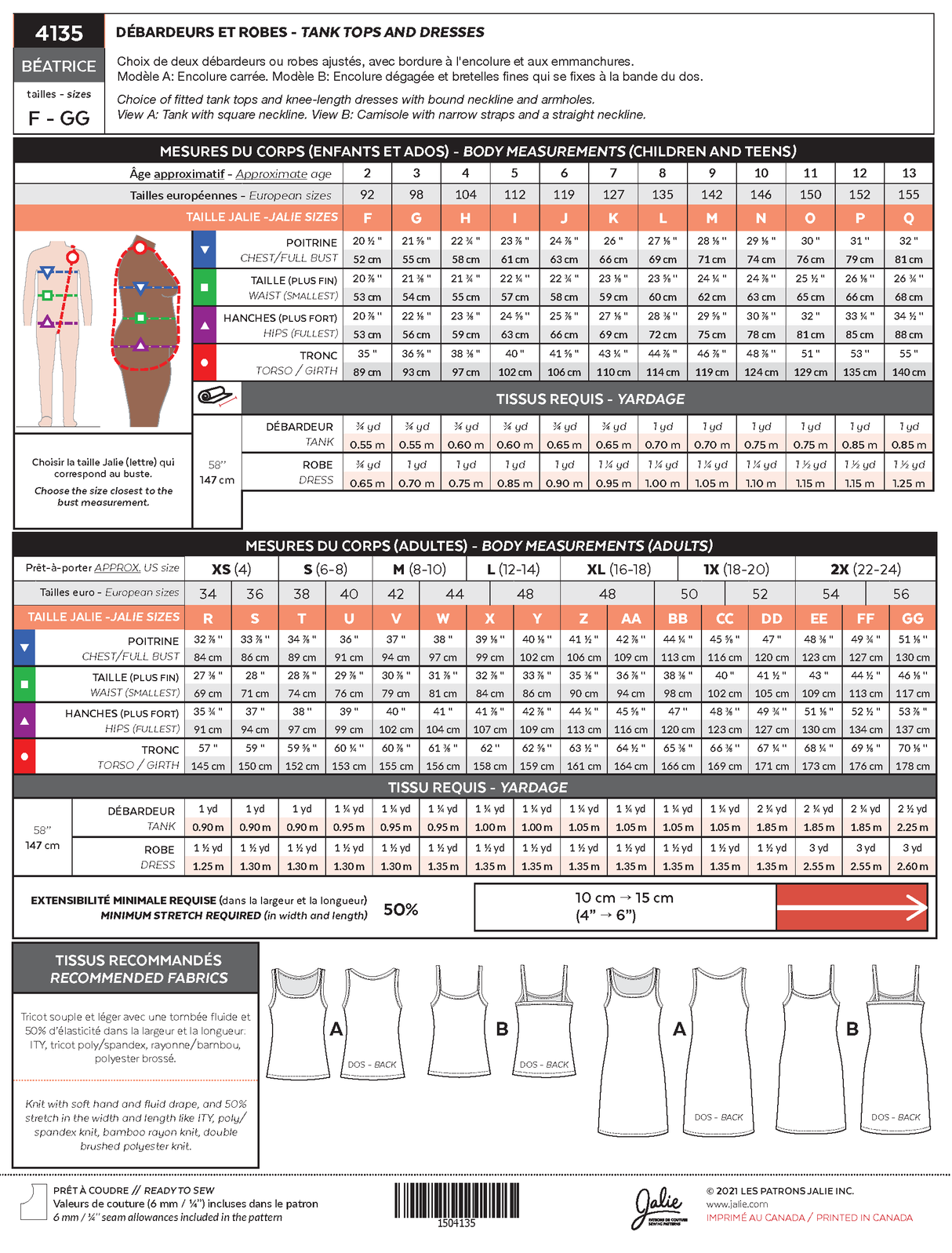 Sewing Pattern Beatrice Tanks and Dresses by Jalie