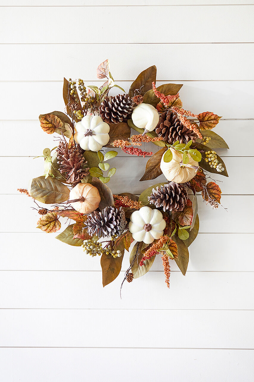 24" Pumpkin Leaves Berry Wreath