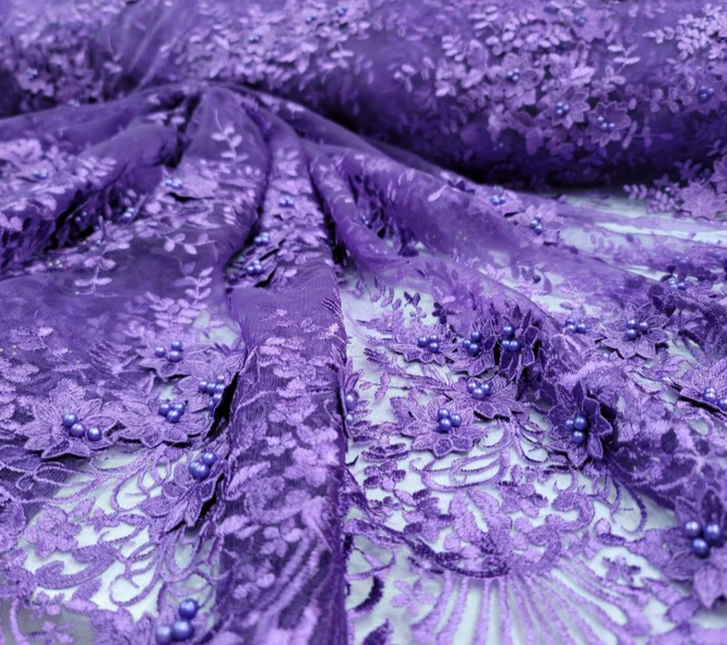 Purple 3D Beaded Lace Mesh Fabric