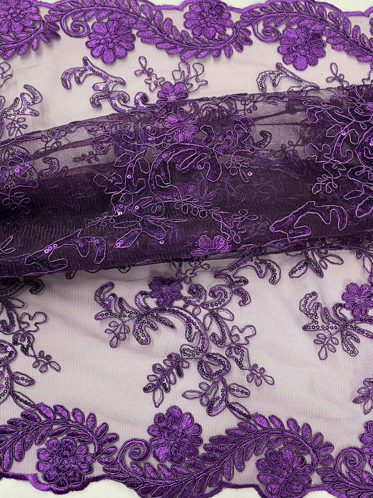 Elena's Lace Purple Polyester Lace Fabric - Corded Mesh Embroidered With Sequins, Double Scalloped Edge, Purple, 54" Width (1 Yard)