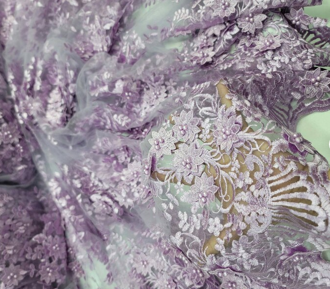 3D Floral Lace Lavender Embroidery Pearls