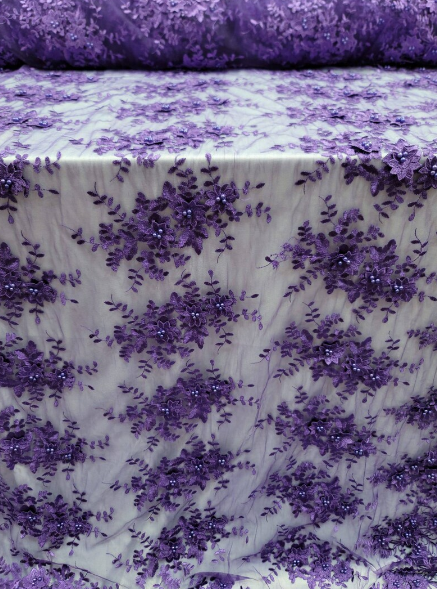 Purple 3D Beaded Lace Mesh Fabric