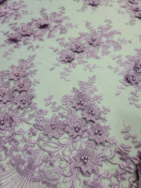 3D Floral Lace Lavender Embroidery Pearls