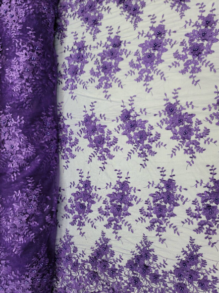 Purple 3D Beaded Lace Mesh Fabric