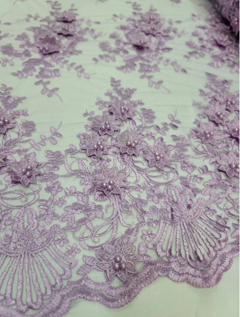 3D Floral Lace Lavender Embroidery Pearls