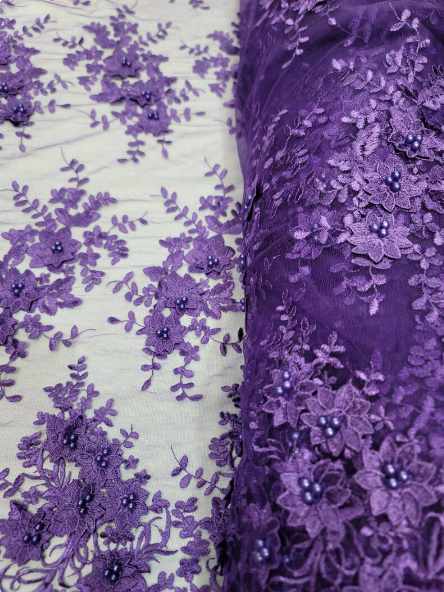 Purple 3D Beaded Lace Mesh Fabric