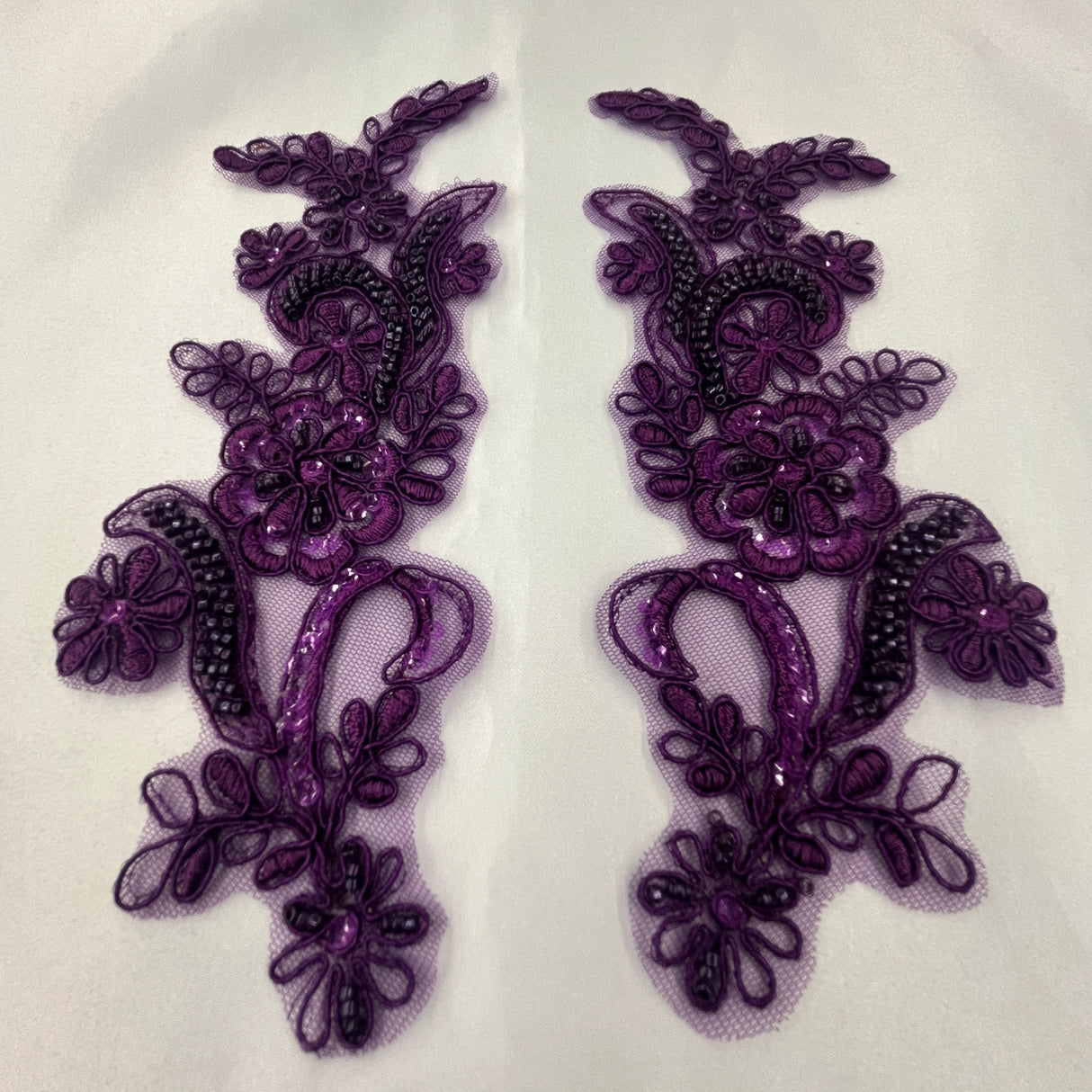 Beaded Corded Floral Lace Applique Pair
