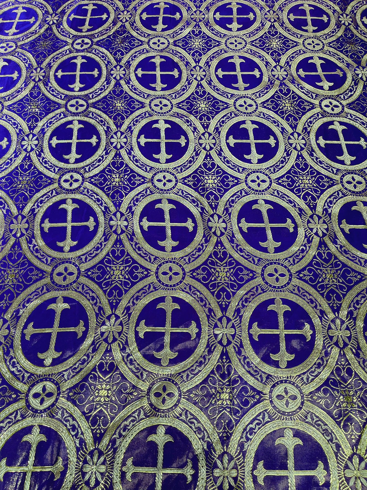 Purple/Gold Rectangular Metallic Cross Brocade Jacquard Satin Fabric - Purple/Gold Metallic Cross Pattern, Rectangular Tablecloth Overlay, 60" X 72" (1 Unit)