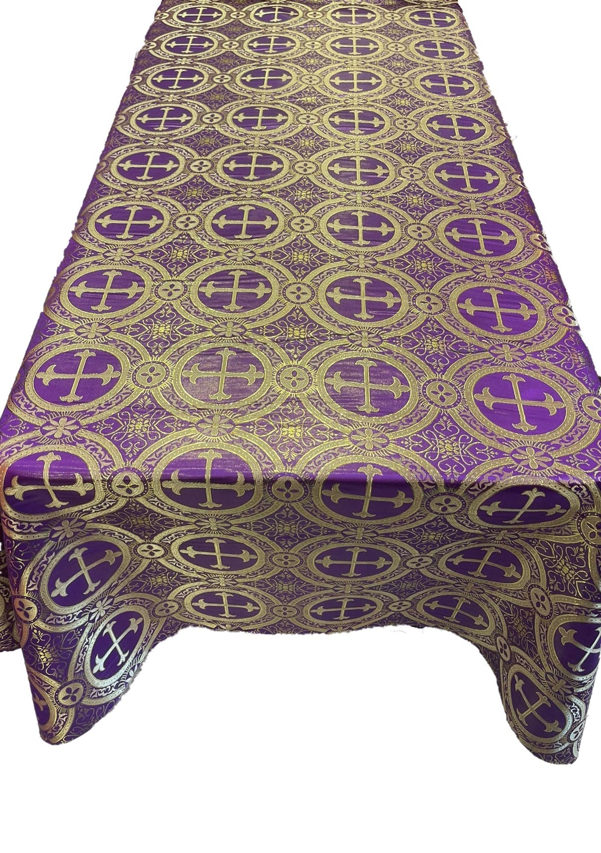 Purple/Gold Rectangular Metallic Cross Brocade Jacquard Satin Fabric - Purple/Gold Metallic Cross Pattern, Rectangular Tablecloth Overlay, 60" X 72" (1 Unit)