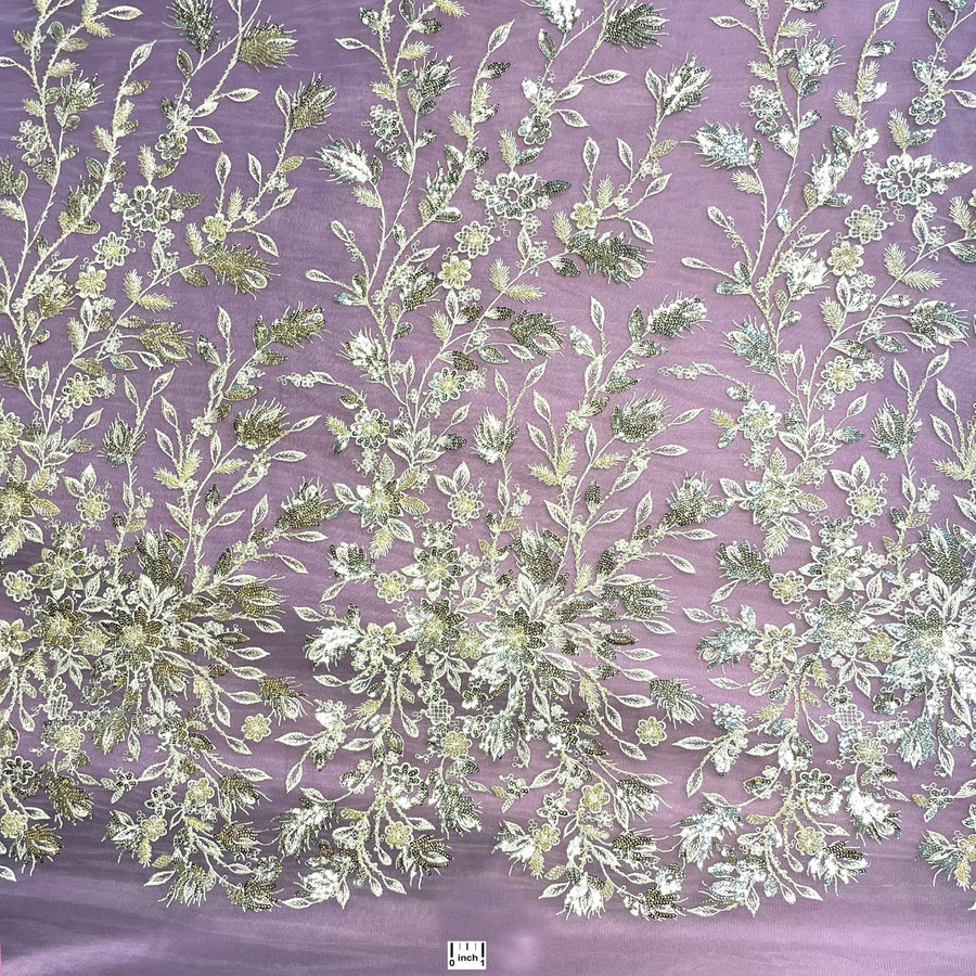 1 Yard Ivory Beaded and Sequined Lace Fabric Embroidered on 100 Percent Polyester Net Mesh 54 Inch Width