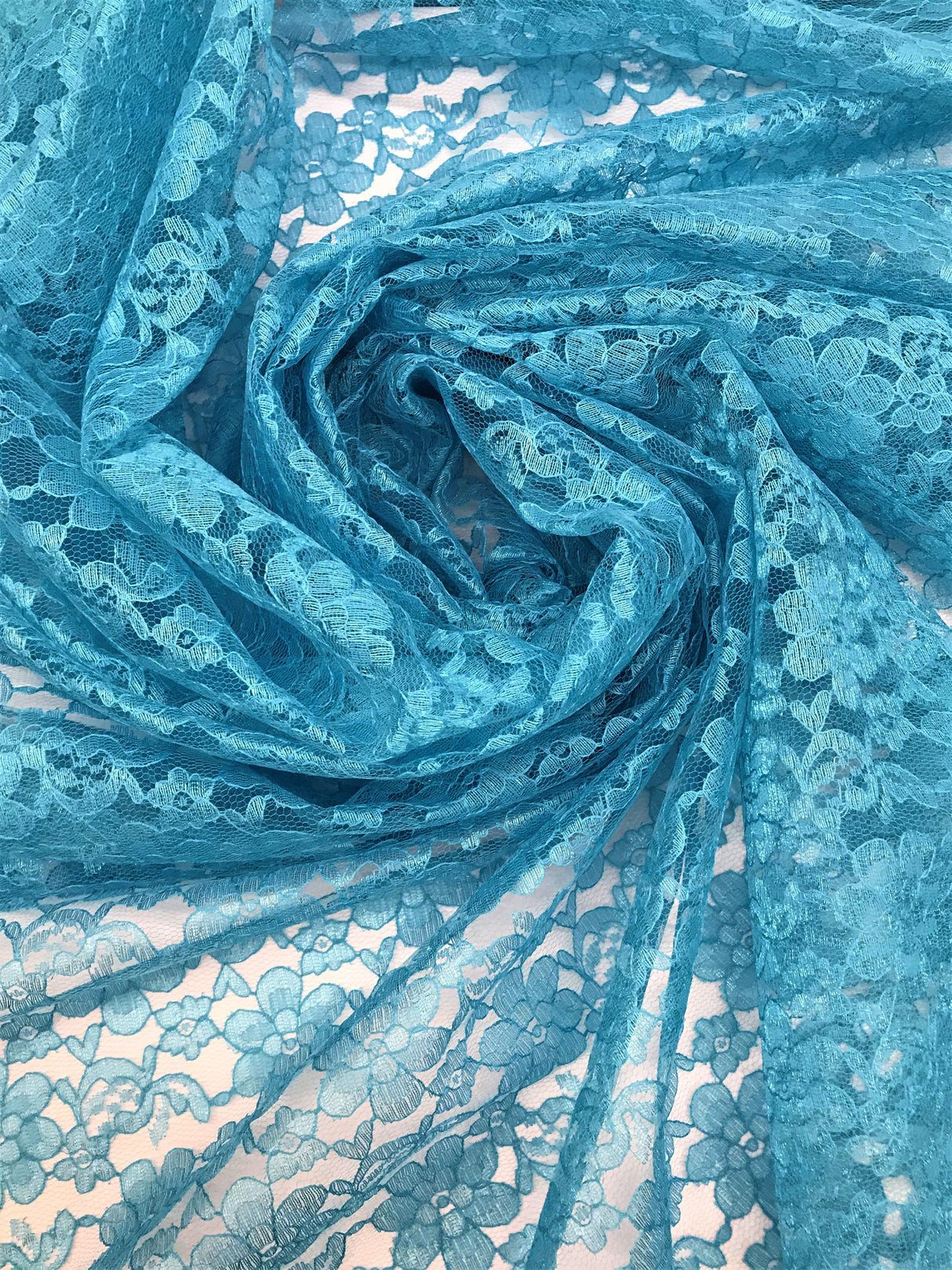 Aqua Rachelle Lace Polyester Fabric - Sheer Floral Lace, Aqua, 58/60" Wide (1 Yard)