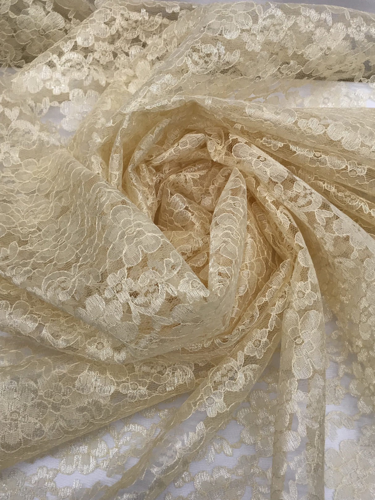 Champagne Rachelle Lace Polyester Fabric - Sheer Floral Lace, Champagne, 58/60" Wide