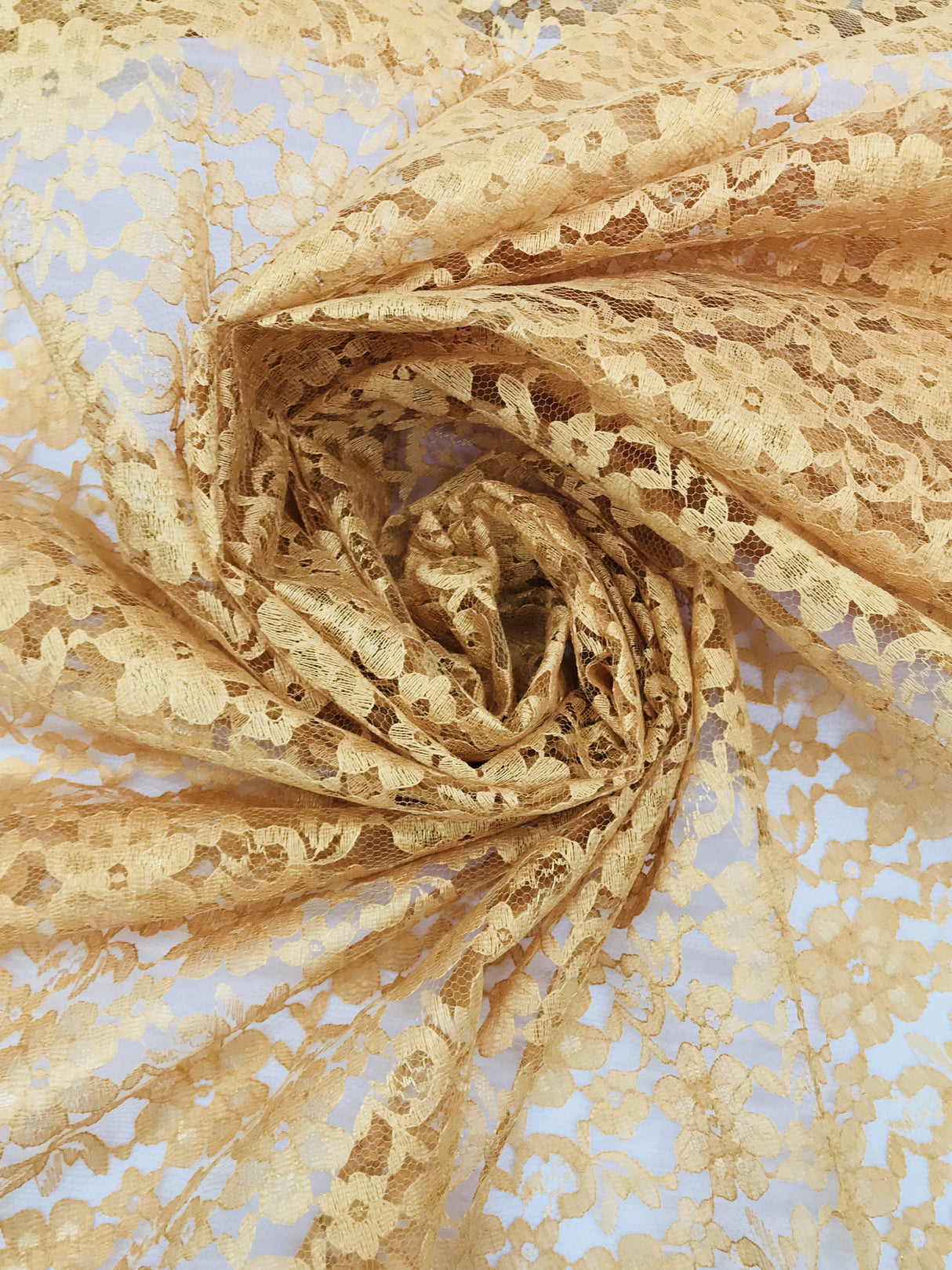 Gold Rachelle Lace Polyester Fabric - Sheer Floral Lace, Gold, 58/60" Wide (1 Yard)