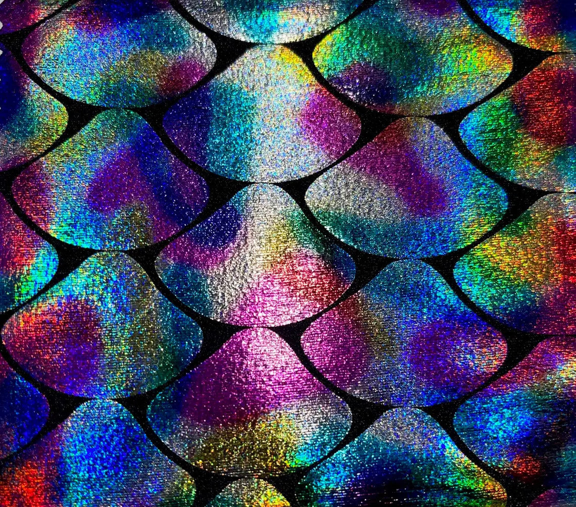 8 Colors Shiny Holographic Foil Mermaid Scales Pattern On Black Stretch Nylon Spandex Shiny Tricot Fabric - Black, Mermaid Scales, 58 To 60 Inches Wide
