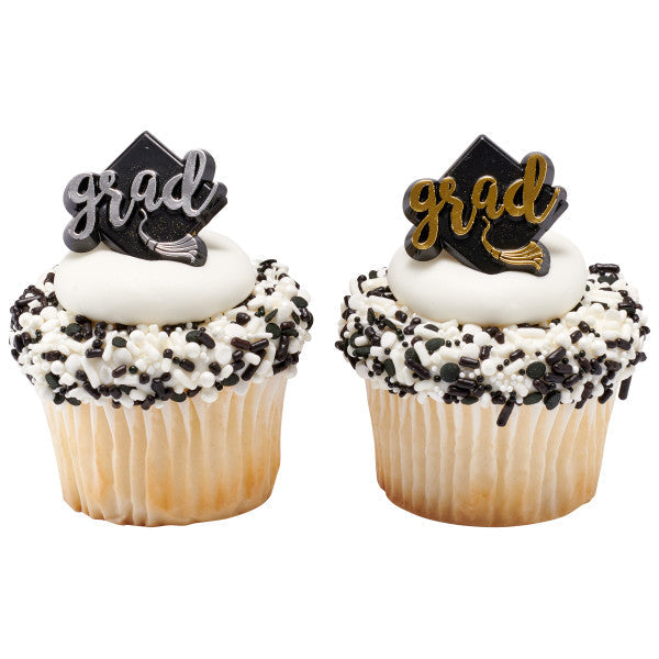 Graduation cupcake ring toppers SILVER Grad hats - 12 Silver count (Copy)