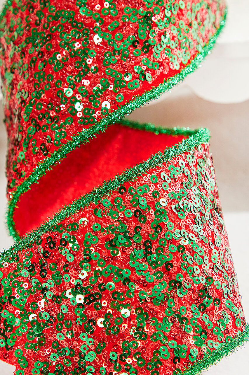 4" x 5 Yard Red/Green Sequin Dupioni Ribbon