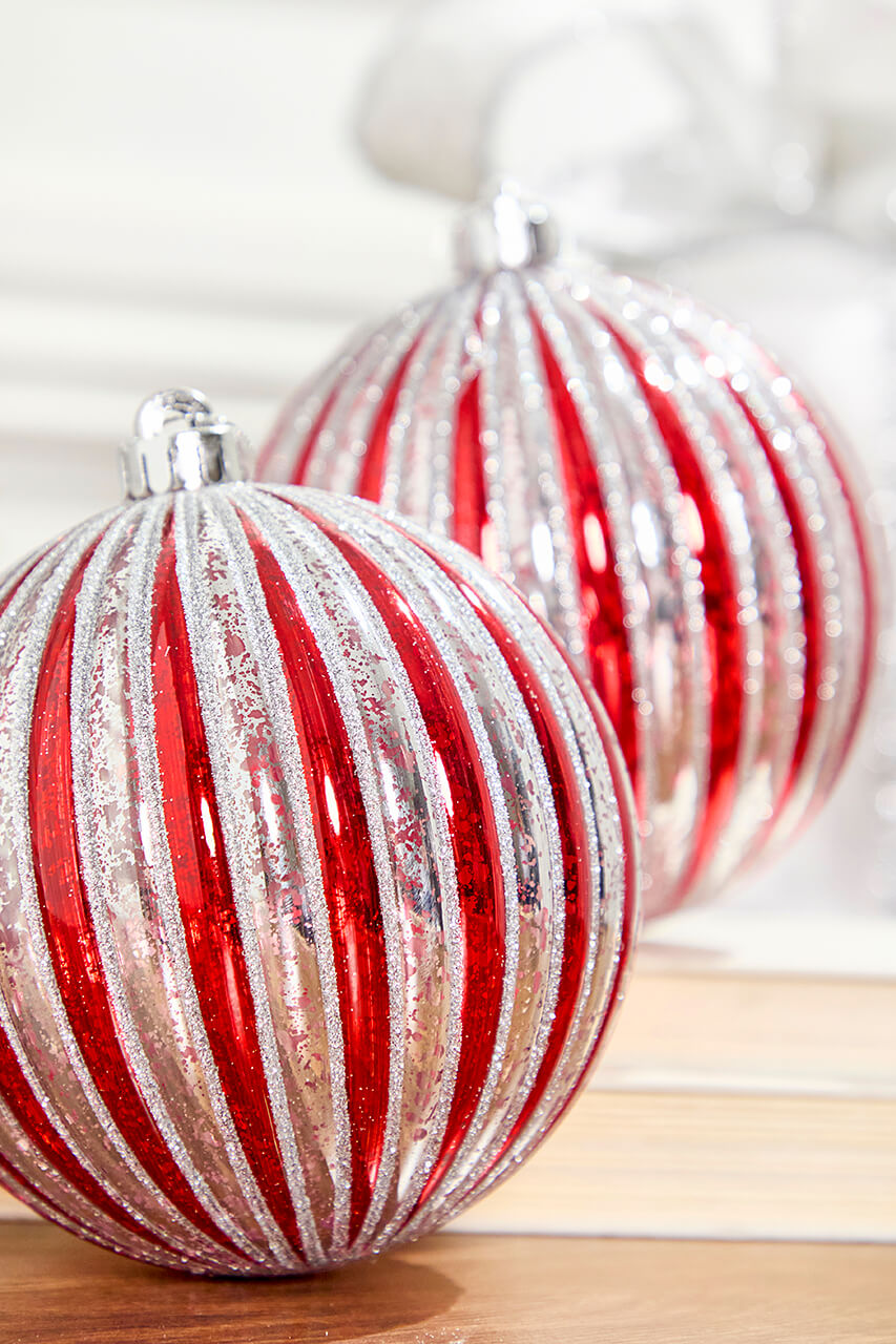 6" Red/Silver Striped Shatterproof Ornaments - Set of 2