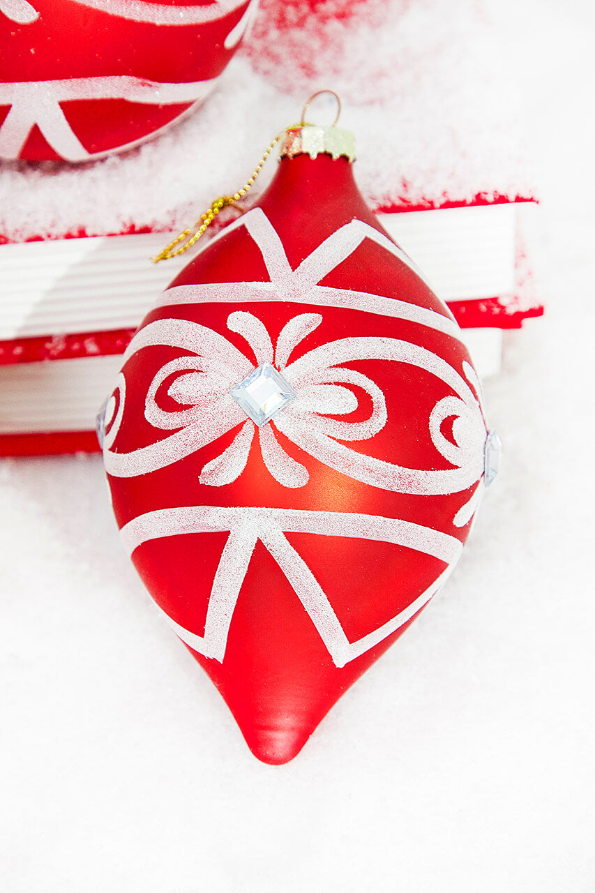 4" Red and White Swirl Glass Ornament