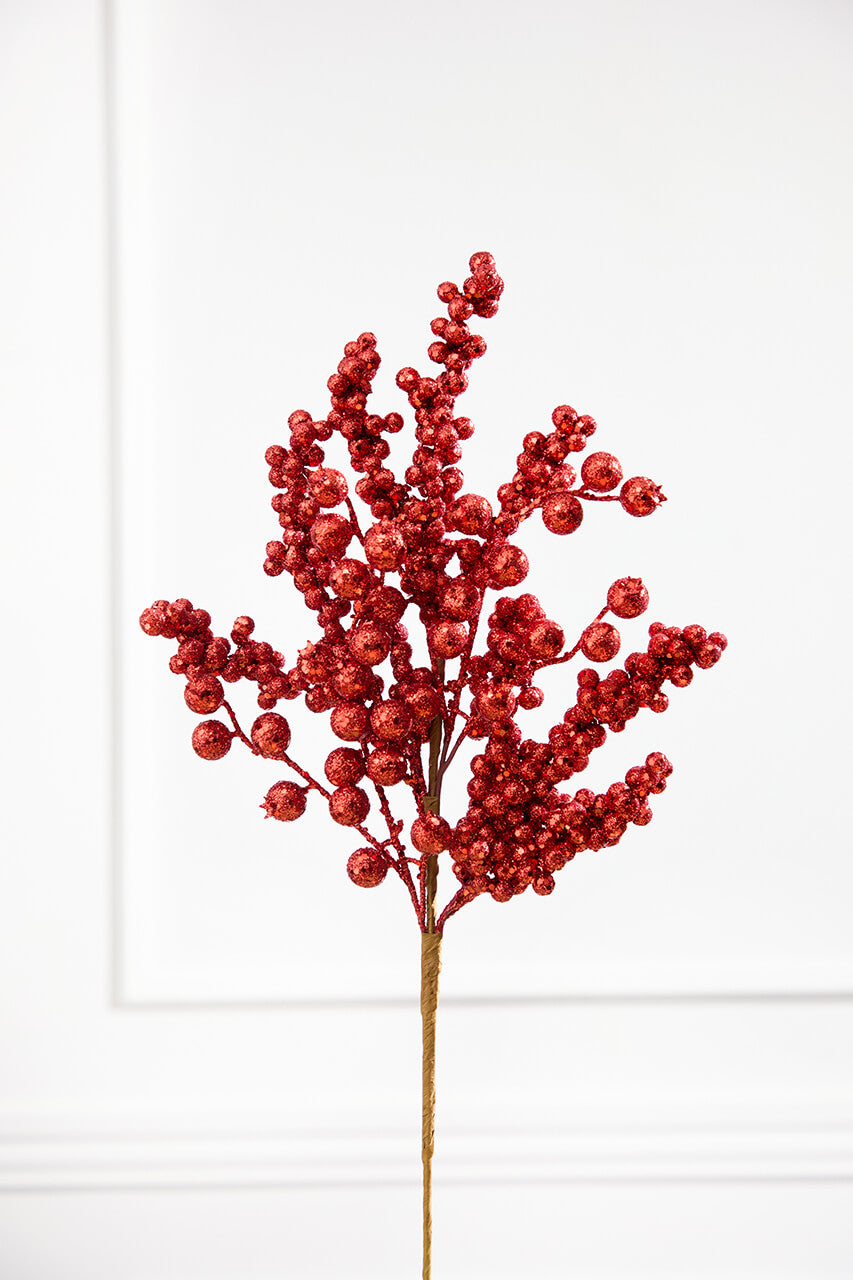 20" Red Glitter Berry Spray