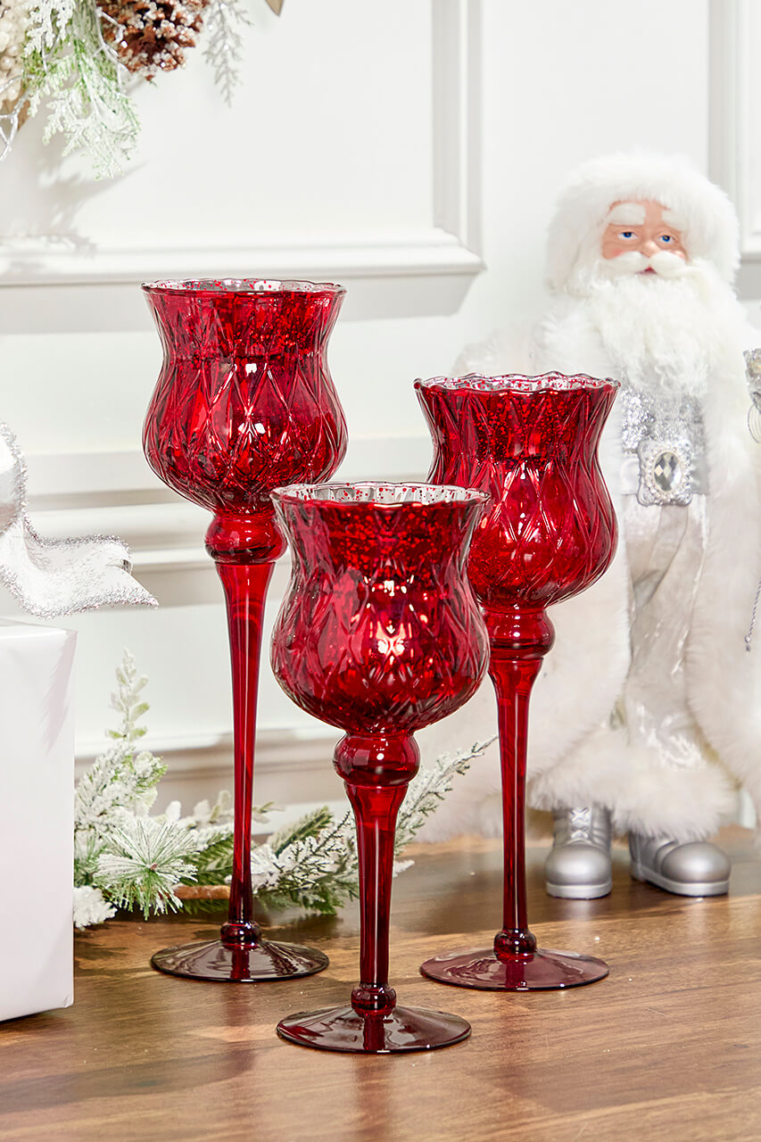 Red Mercury Glass Candle Holders - Set of 3