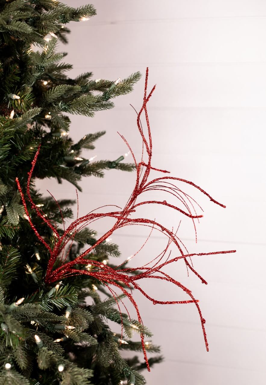 32” Red Glitter Curly Willow Spray