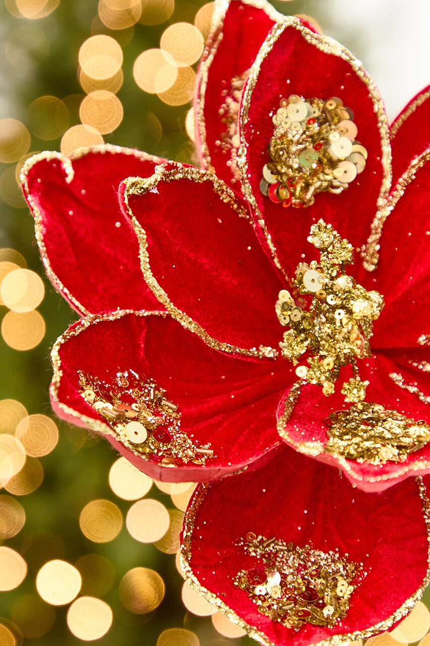19" x 10" Red & Gold Glitter Magnolia Stem