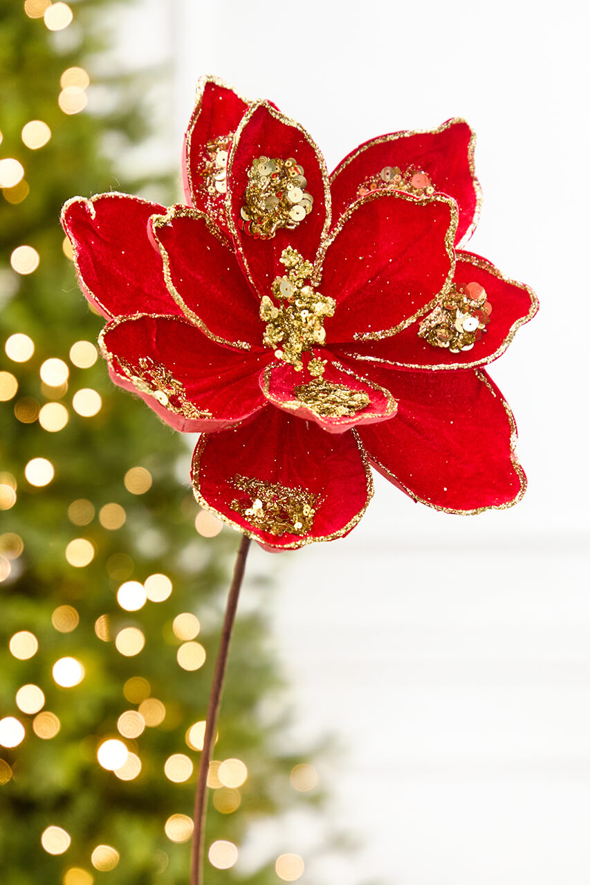 19" x 10" Red & Gold Glitter Magnolia Stem