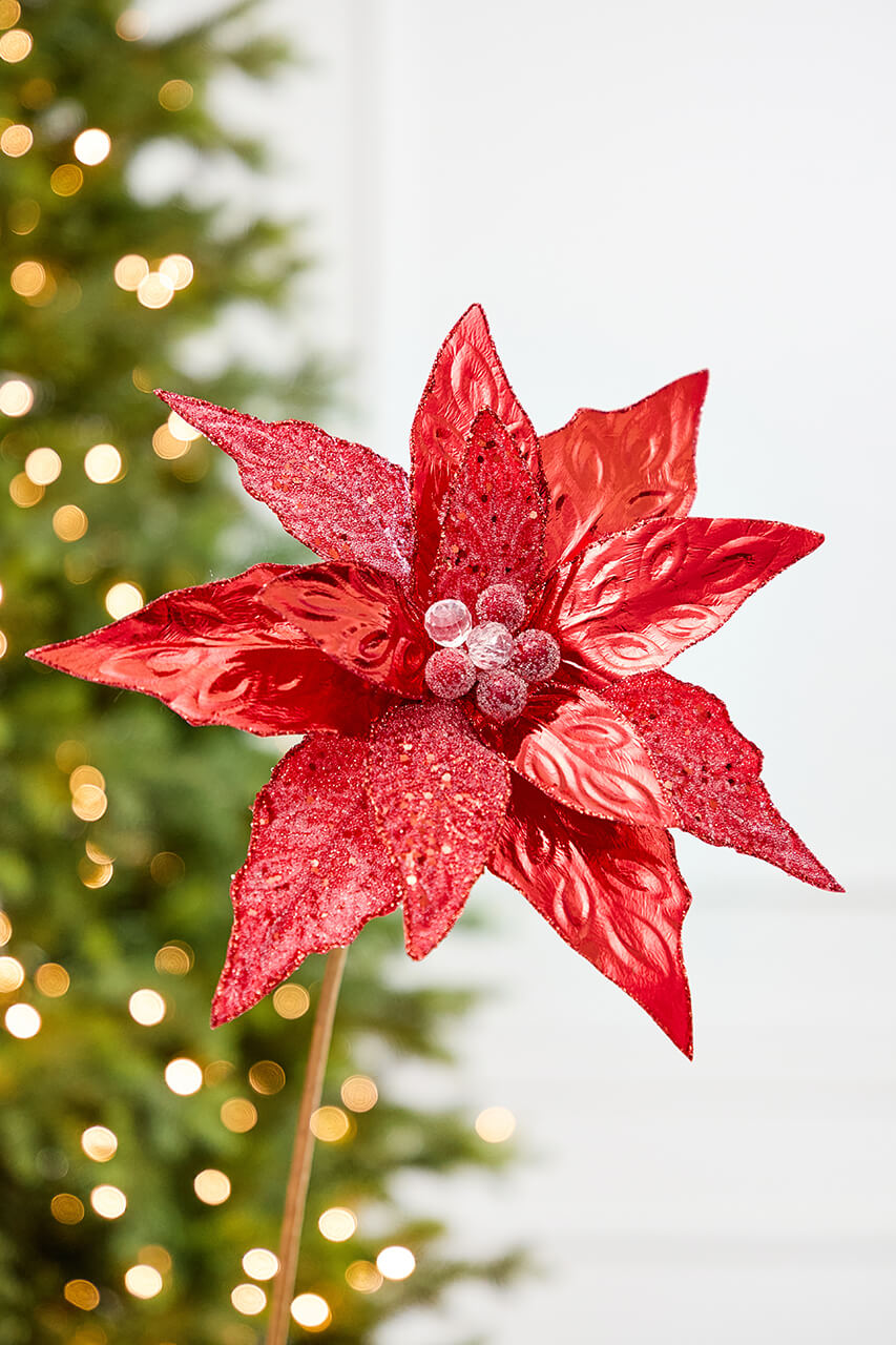 24" x 10" Red Glitter Edge & Bead Poinsettia Stem