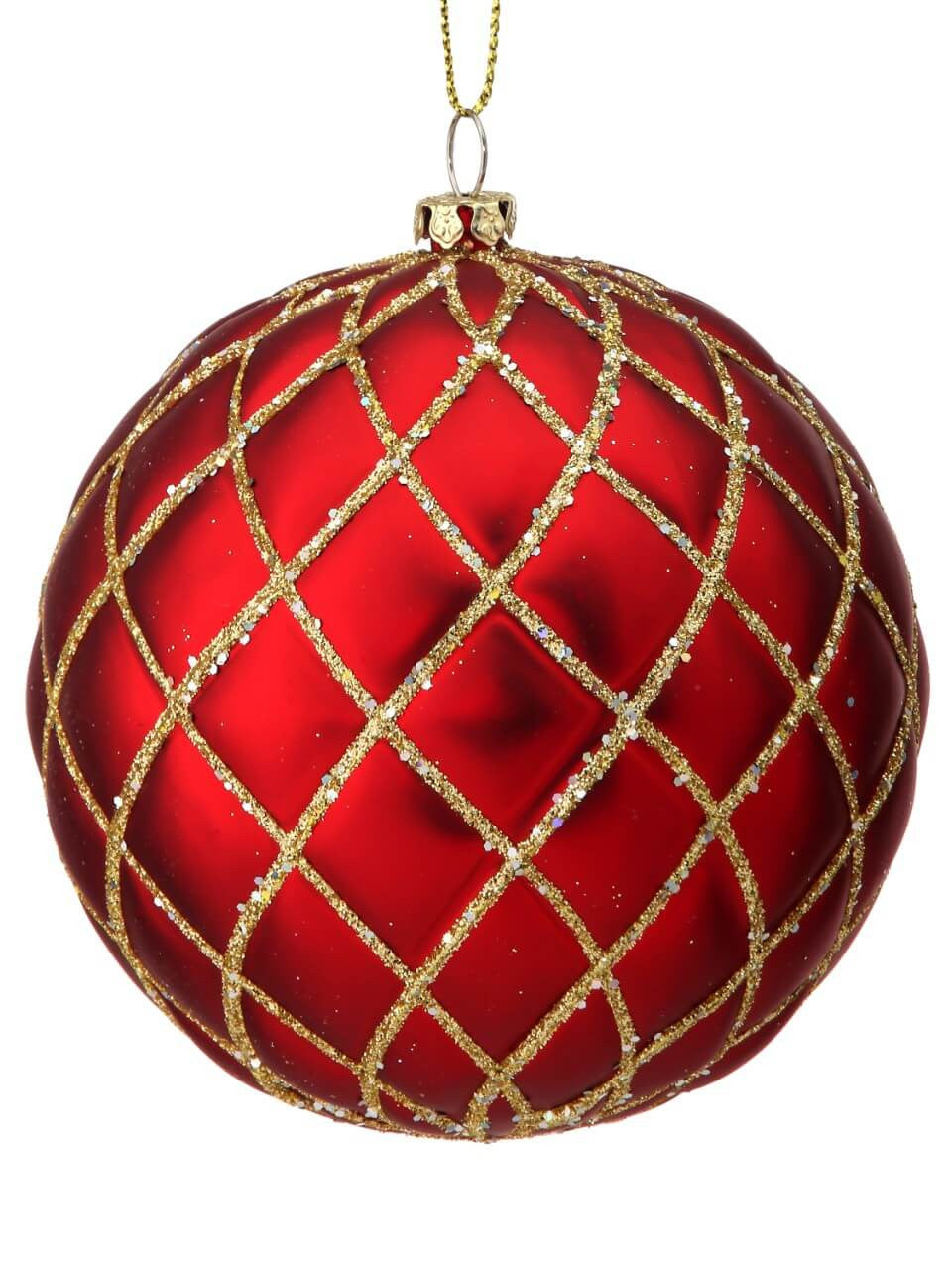 10 CM Red Matte Glitter Quilted Ball Ornament