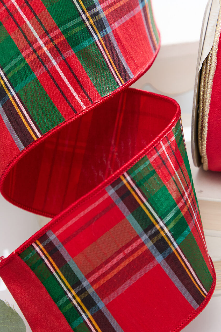 4" x 5 Yard Multicolor Nutcracker Plaid with Red Dupioni Backed Ribbon