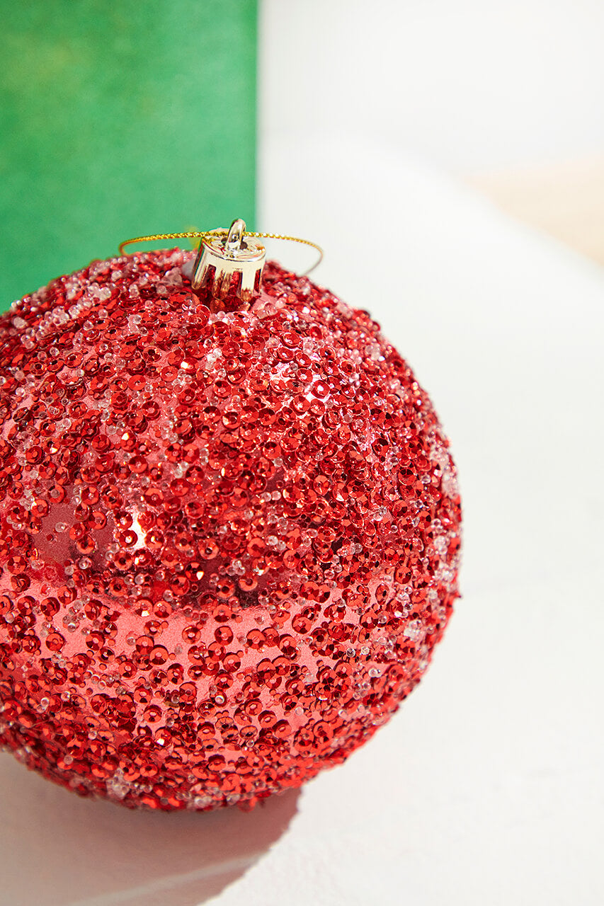 4” Red Beaded Metallic Ball Ornament