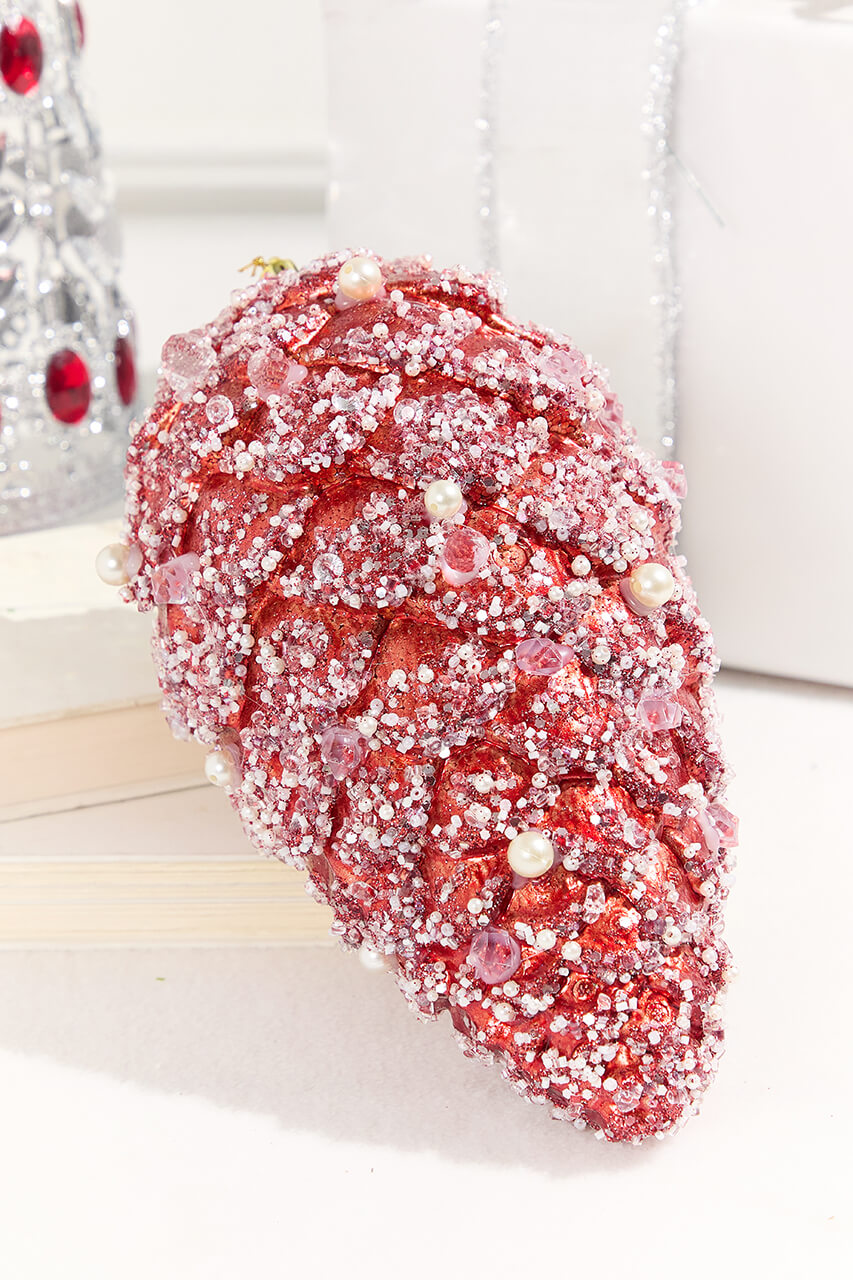 11" Red Pinecone Ornament with Jewels