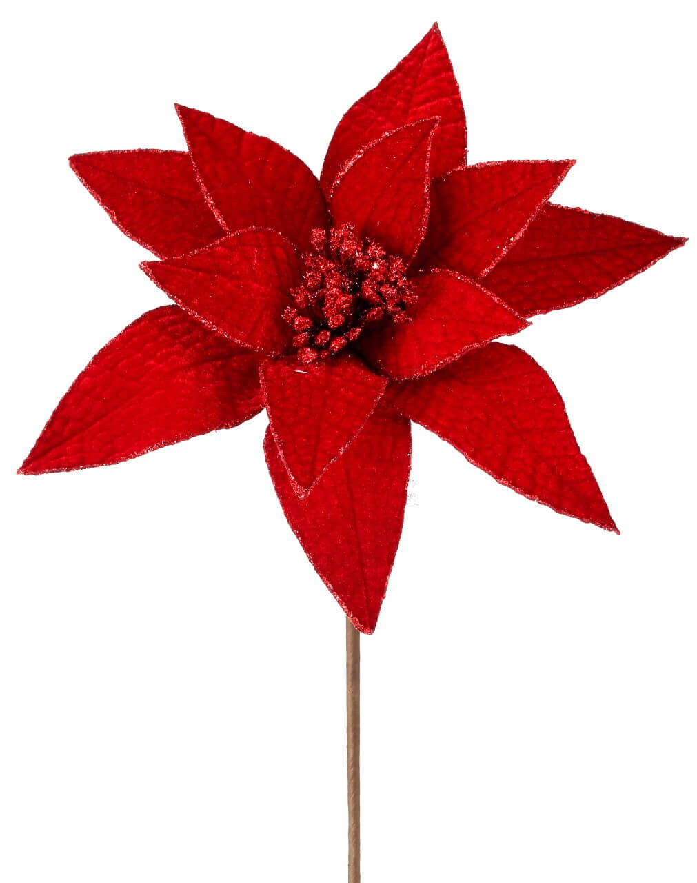 Red Velvet Glitter Edge Poinsettia Stem 24 Inch Christmas Flower