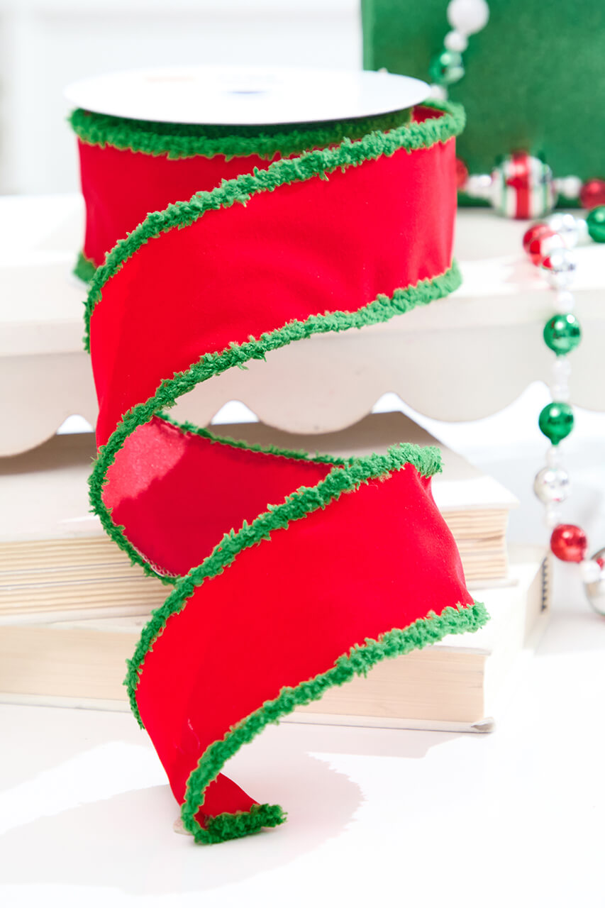 2.5" x 10 Yard Red Velvet with Green Drift Ribbon
