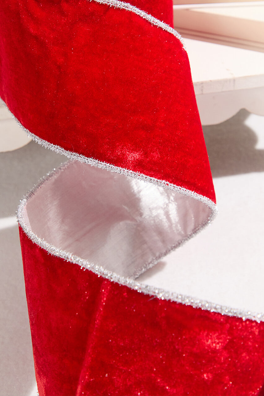 4" x 10 Yard Red Velvet with Silver Tinsel Edge Ribbon