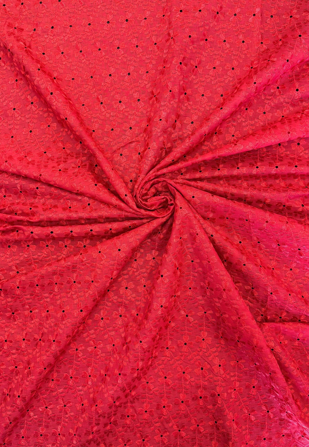 Heavy Eyelet Red Polyester Cotton Fabric - Red Floral Embroidery, 41"- 42" Width