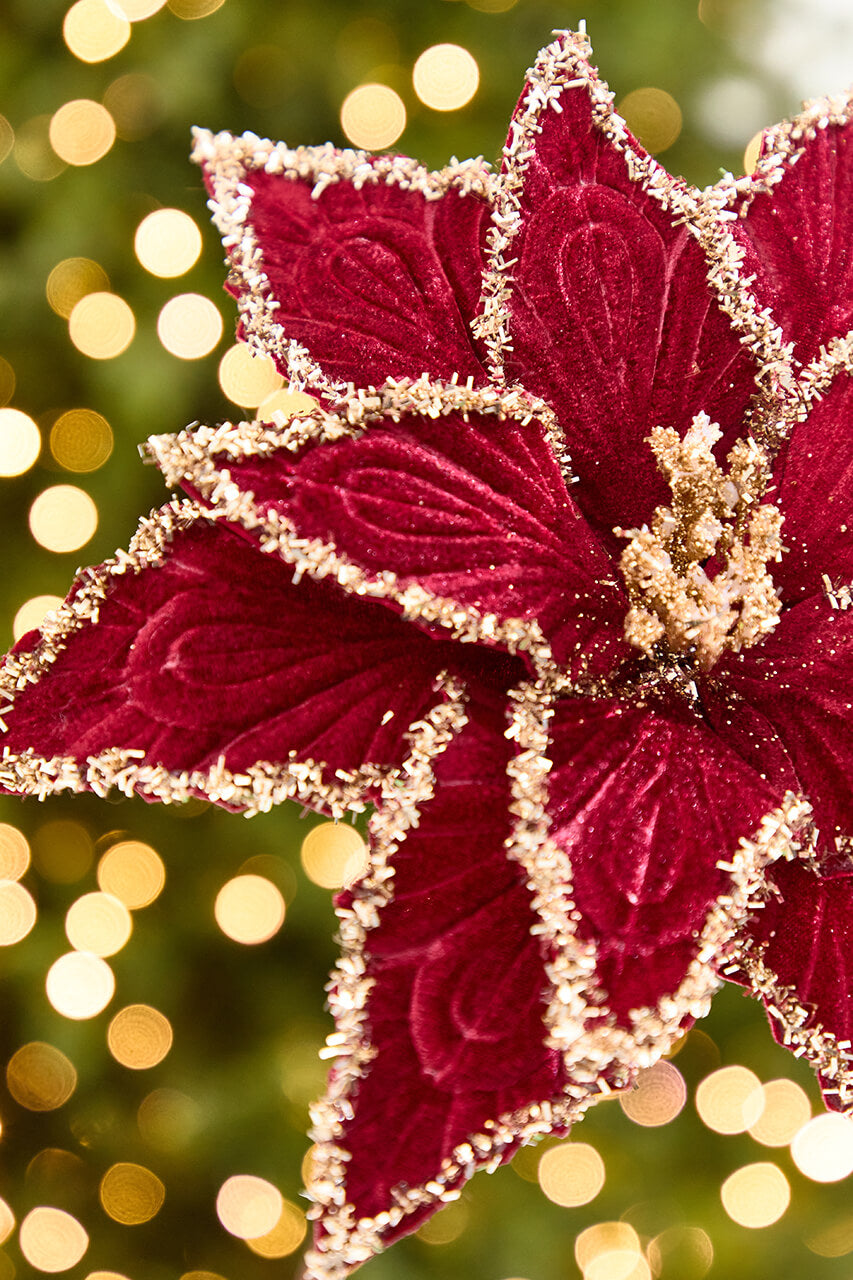 19" x 13" Red & Platinum Velvet Poinsettia Stem