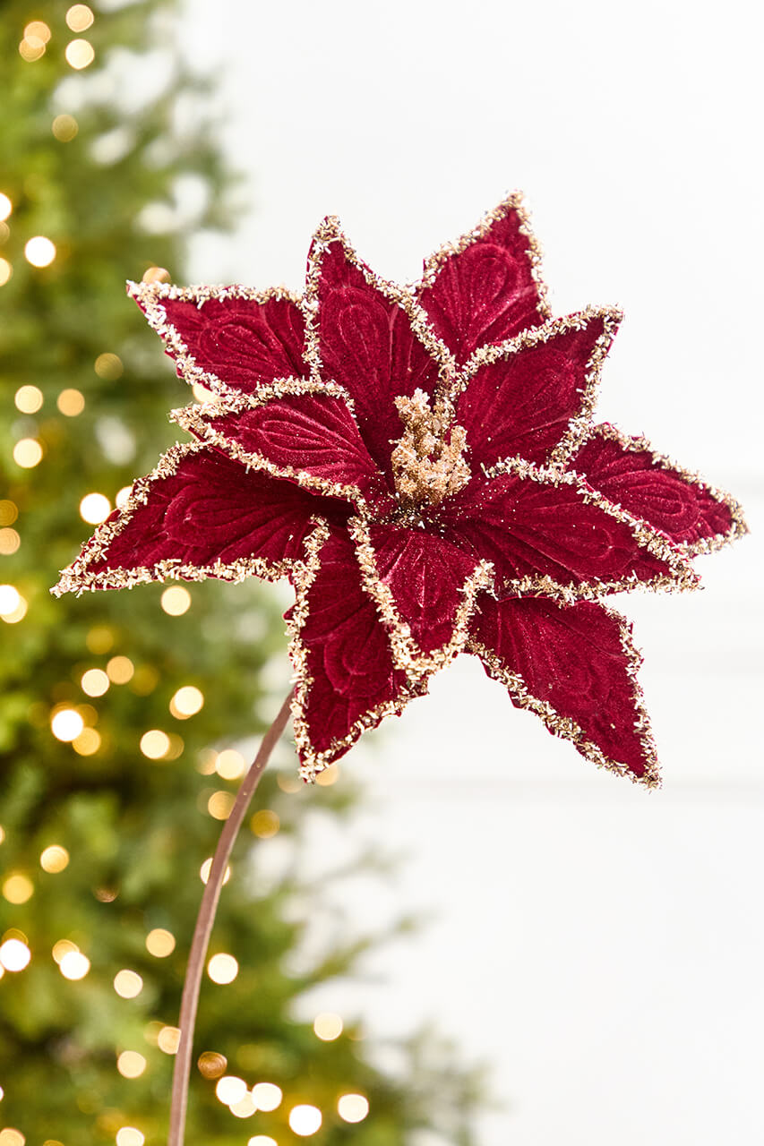 19" x 13" Red & Platinum Velvet Poinsettia Stem